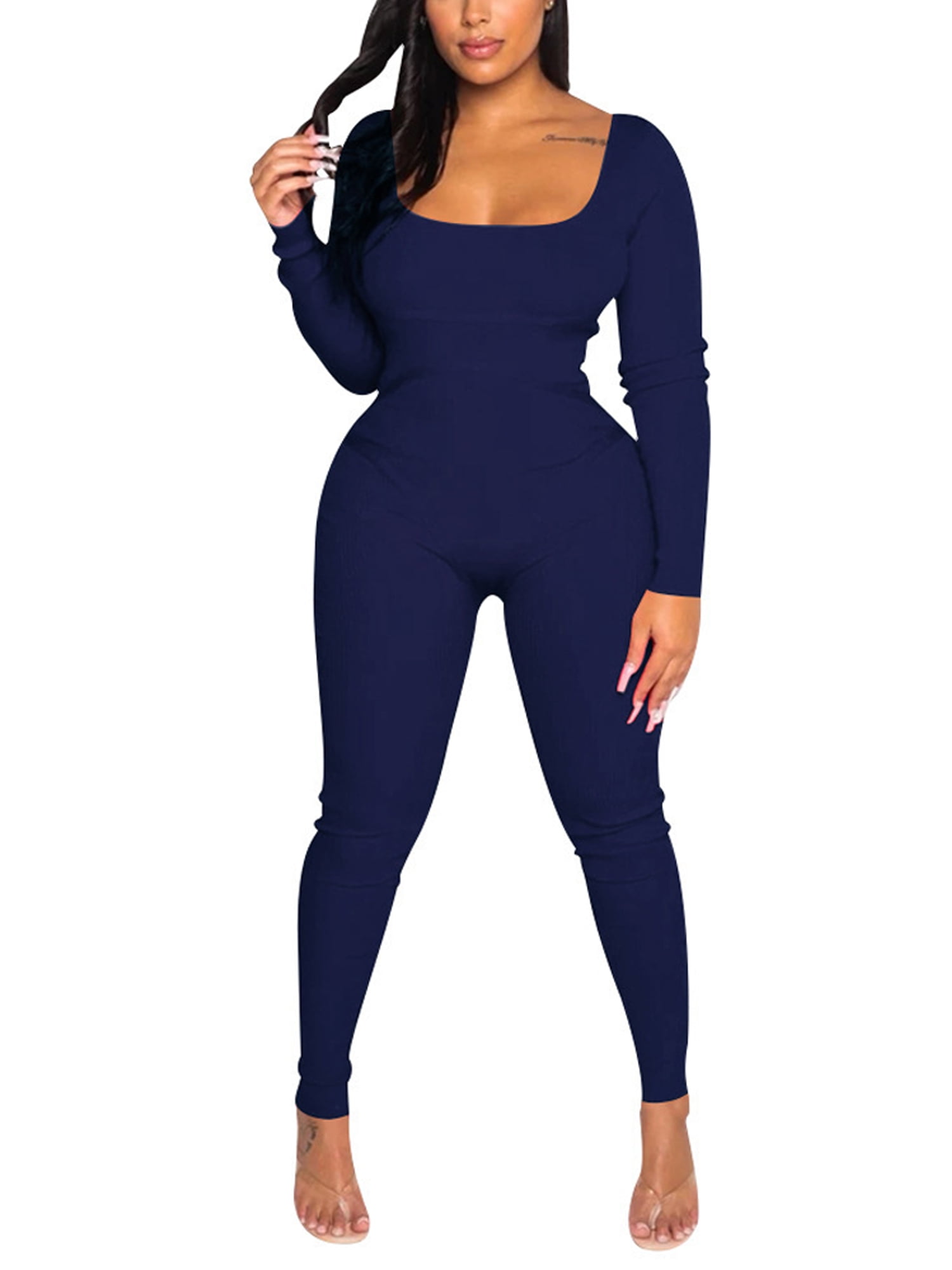 Grianlook Women Casual Long Sleeve Pants Square Neck Solid Color Jumpsuits Party Tights Bodysuit Blue L