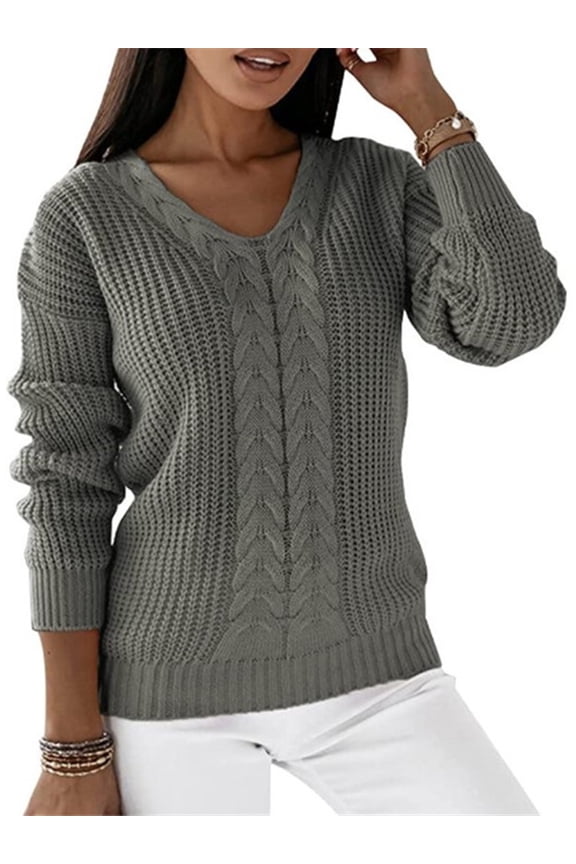 Women Casual Loose Sweater Winter Warm Solid Color Pullover Tops Cable Knitted Long Sleeve V Neck Jumper Grey S