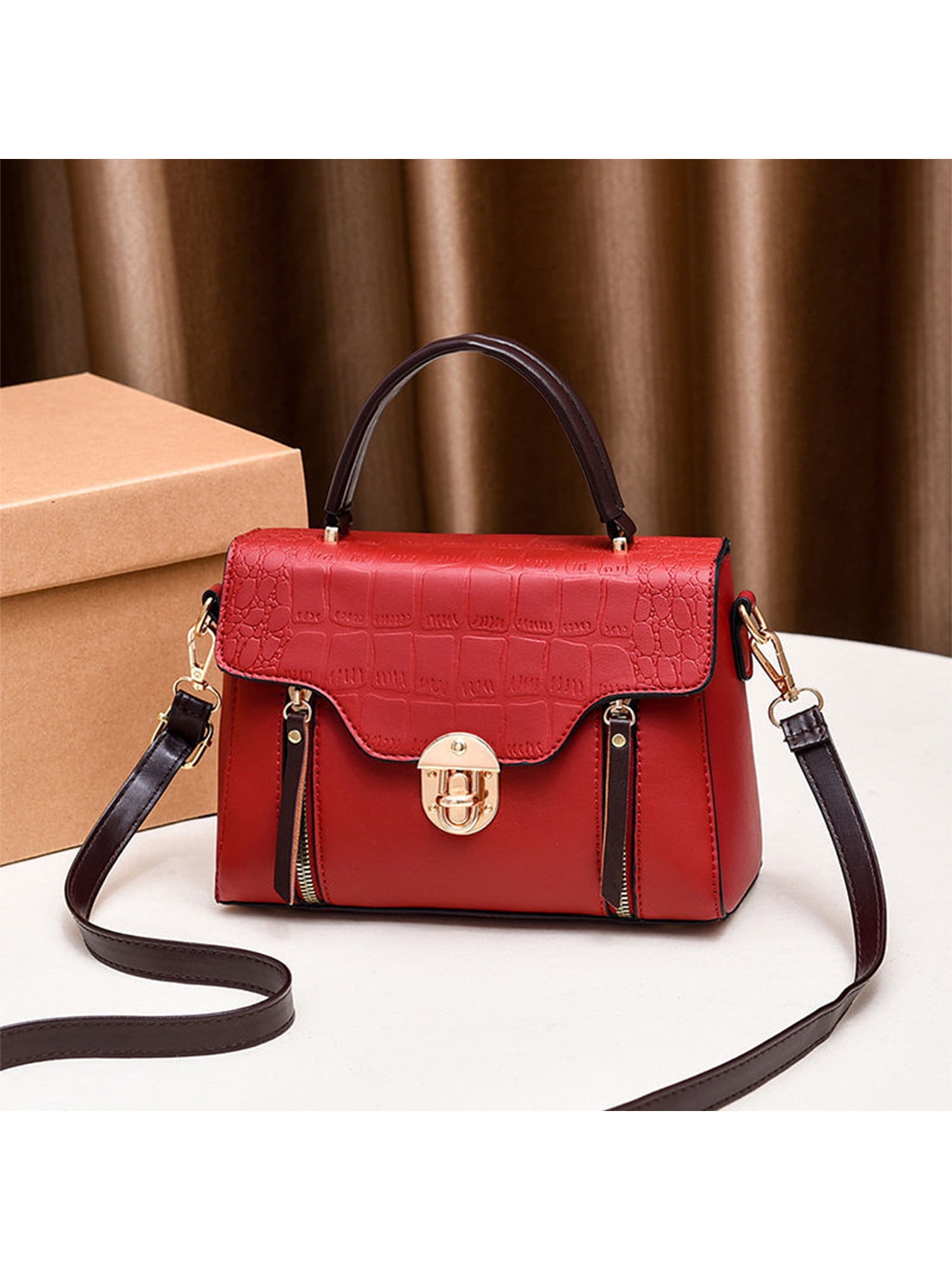 Small Size Red Croc-effect Leather Handbags Metal Lock Satchel Bags
