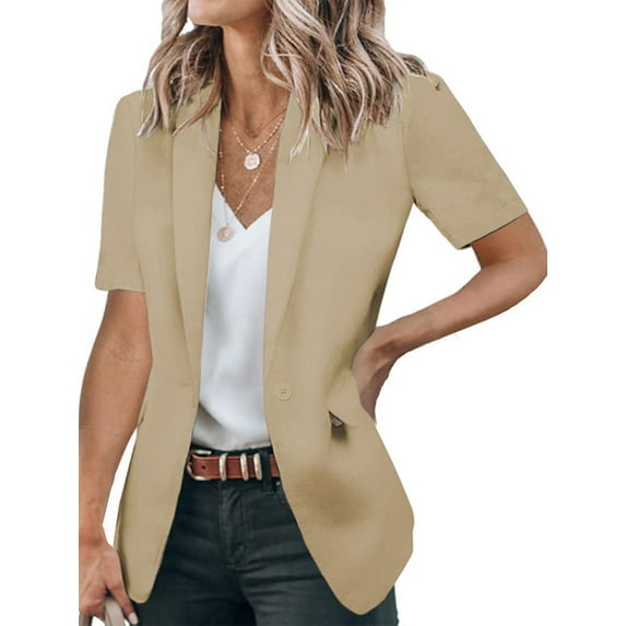 Grianlook Women Daily Life Plain Business Jackets Solid Color Button Cardigan Jacket Work Short Sleeve Coat