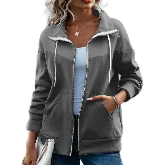Grianlook Women Jacket Zip Up Outwear Lapel Sweatshirt Jackets Ladies Warm Fleece Sweatshirts Soft Long Sleeve Dark Gray 4XL