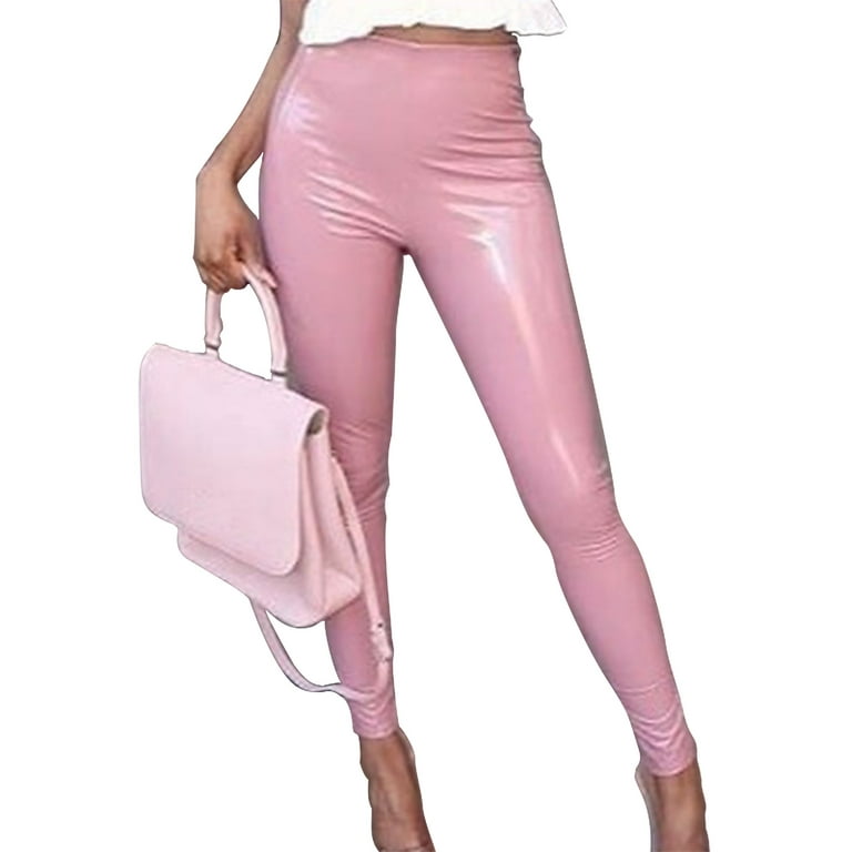 Grianlook Women Leggings Butt Lift Yoga Pant Tummy Control Faux Leather  Pants Party Trousers Stretch Pink L