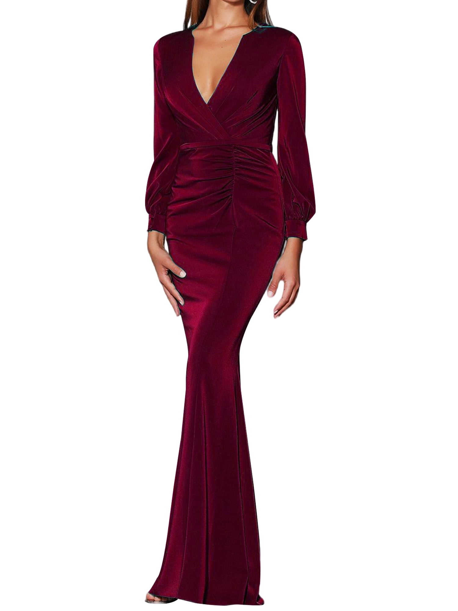 Grianlook Women Long Sleeve Party Dress Solid Color Elegant Cocktail