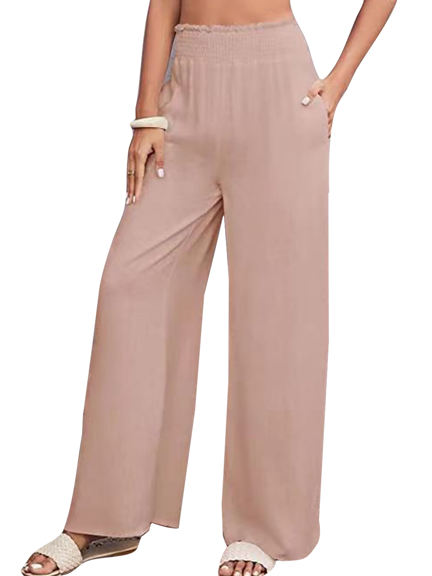BROLEO Women Wide Leg Pants, Causal Trousers Solid Color Side Pockets  Elastic for Daily Wear (XL) at Amazon Women's Clothing store