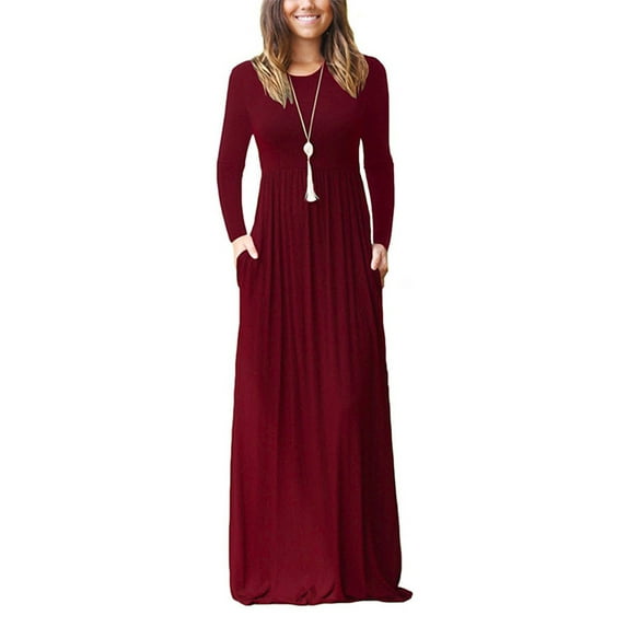 Grianlook Women Maxi Dresses Long Sleeve Dress Crew Neck Ladies Kaftan Sexy Solid Color Wine Red S