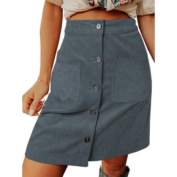 Grianlook Women Mini Skirts Buttons Corduroy Skirt A-line Ladies Casual Loose High Waist Grey 3XL
