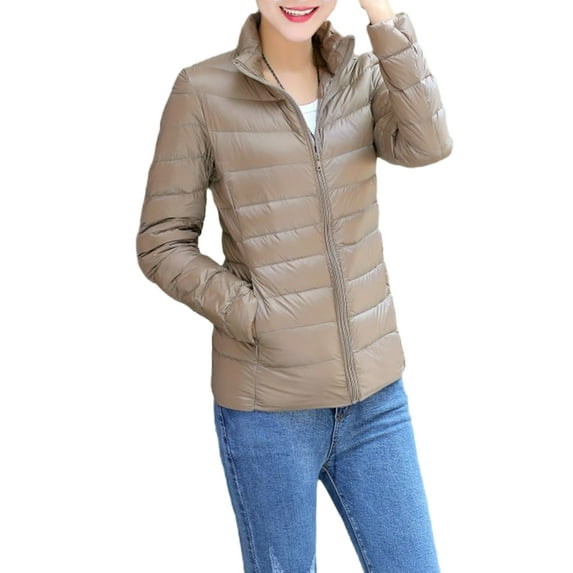Grianlook Women Quilted Coat Stand Collar Puffer Jacket Solid Color Down Jackets Water-Resistant Lightweight Full Zip Outwear with Pockets Camel M