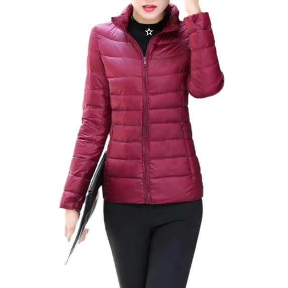 Grianlook Women Quilted Coat Stand Collar Puffer Jacket Solid Color Down Jackets Water-Resistant Lightweight Full Zip Outwear with Pockets Wine Red L