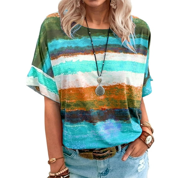 Grianlook Women Round Collar Gradient T-shirt Stripe Short Sleeve Tee Beach Color Block Tops