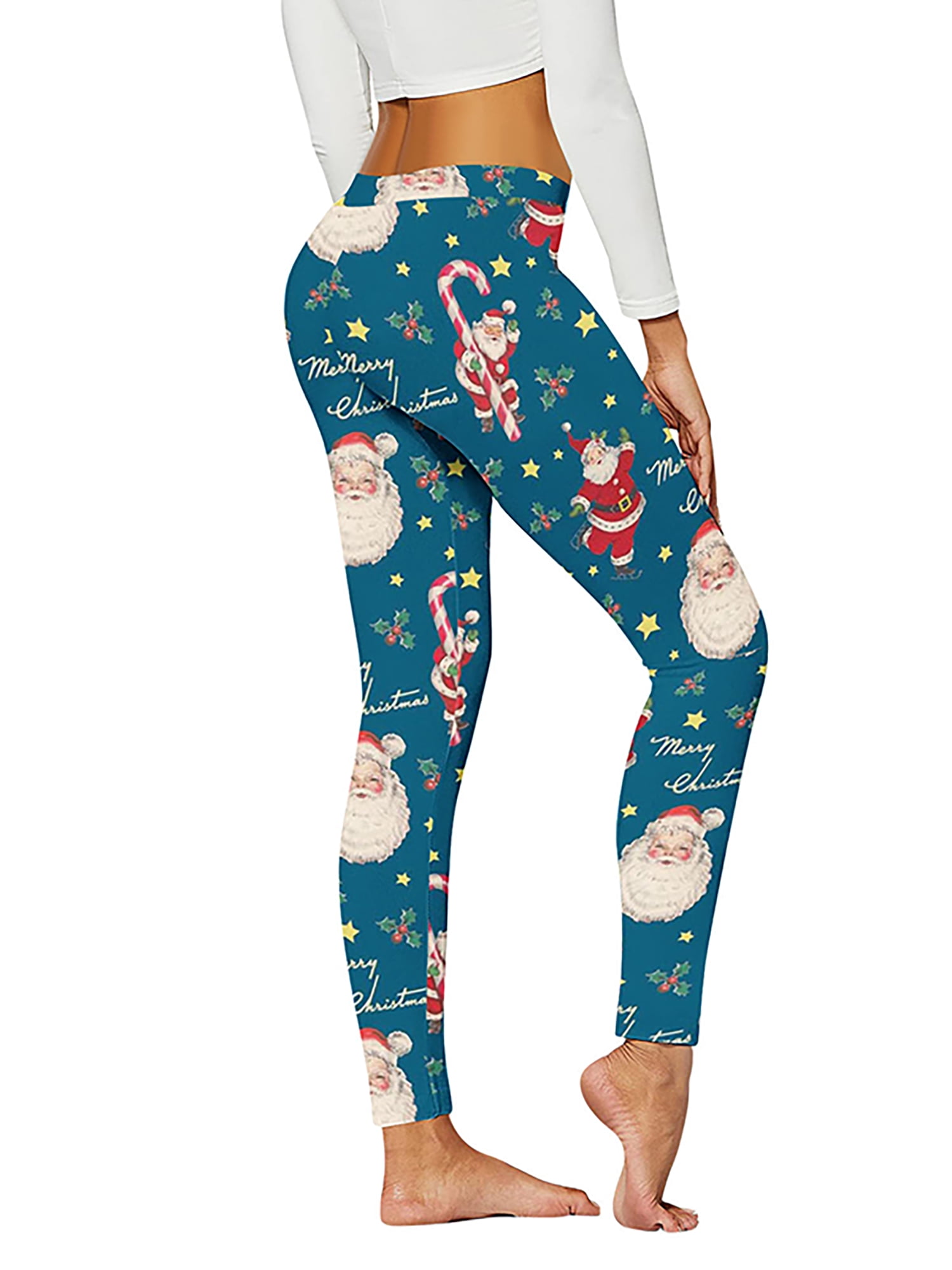 Grianlook Women Skinny Santa Claus Printed Bottoms High Waist Slim Leg  Tights Holiday Snowflake Print Christmas Leggings Style-L M 