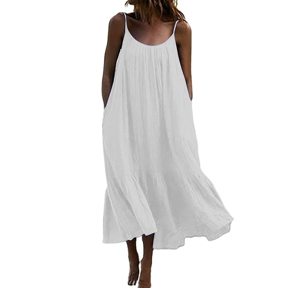 Grianlook Women Nightdress Scoop Neck Sleep Dress Solid Color Nightgowns Ladies Kaftan Loungewear Loose Sleeveless White 3XL