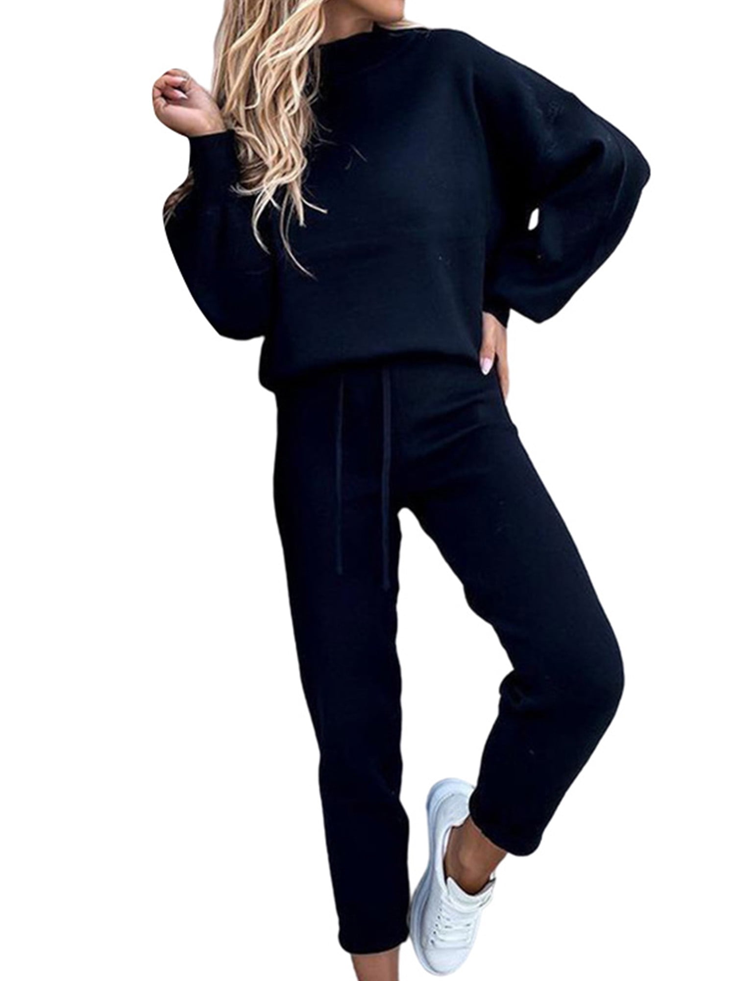 Grianlook Women Sweatsuits Long Sleeve Jogger Set Solid Color Loose Fit ...