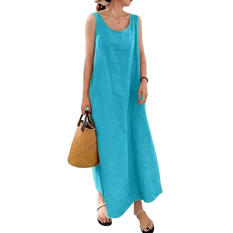 Grianlook Women Tank Dress Solid Color Maxi Dresses Sleeveless Loose Summer  Beach Sundress With Pockets Ladies Casual Crew Neck Sexy Vest Blue S 