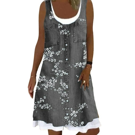 Grianlook Women Tunic Midi Dress Scoop Neck Tank Dresses Solid Color Shift Sundress Ladies Baggy Butterfly Print Sleeveless Gray Floral L