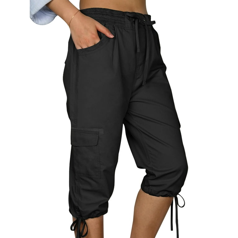 Grianlook Women's Drawstring Cargo Capri Pants with Pockets Plain Casual  Lounge Pants