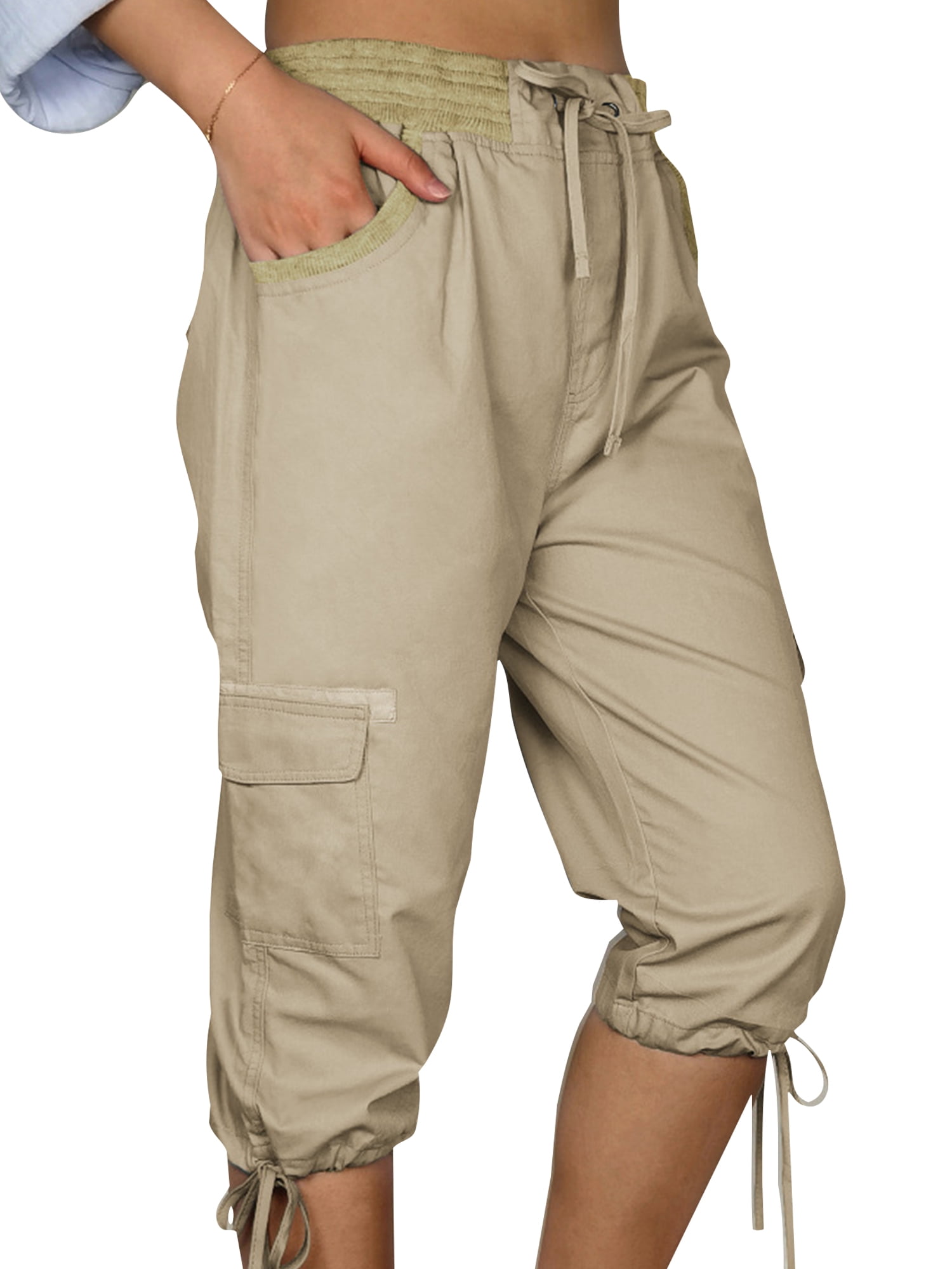 Grianlook Women's Drawstring Cargo Capri Pants with Pockets Plain Casual  Lounge Pants