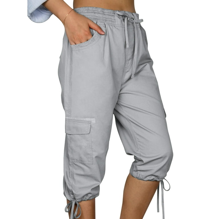 Grianlook Women's Drawstring Cargo Capri Pants with Pockets Plain Casual  Lounge Pants