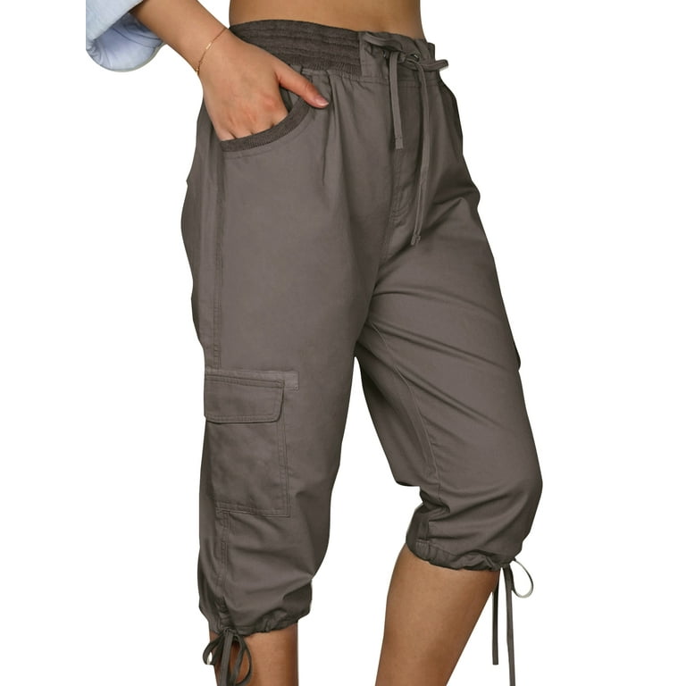 Grianlook Women's Drawstring Cargo Capri Pants with Pockets Plain Casual  Lounge Pants