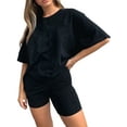 thumbnail image 1 of Grianlook Womens 2 Piece Summer Outfits Short Sleeve Letter Print T-Shirt Bike Shorts Pants Jumpsuits Tracksuit Set, 1 of 4