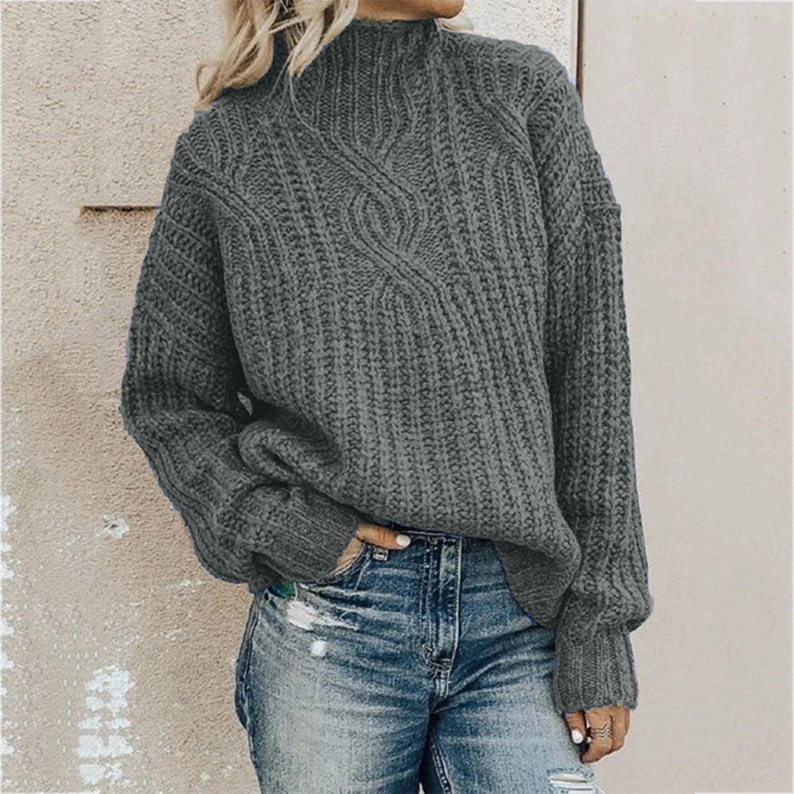 Grianlook Womens Casual Sweater Knitwear Solid Color Pullover Cable ...