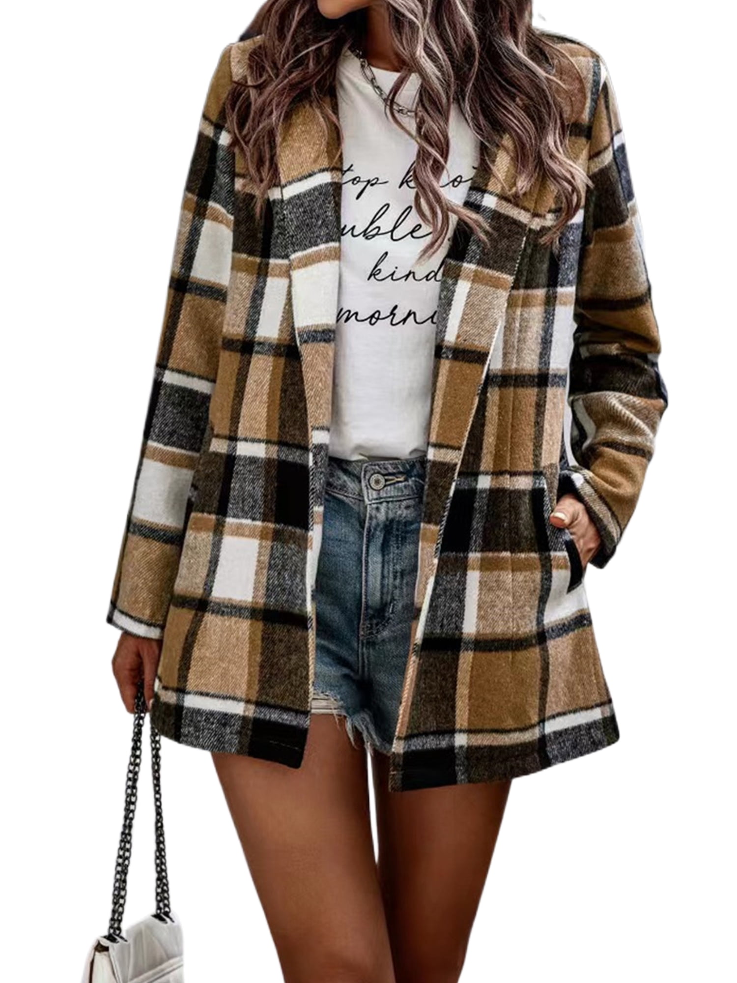 Plaid Collared Neck Long Sleeve Jacket main image 0
