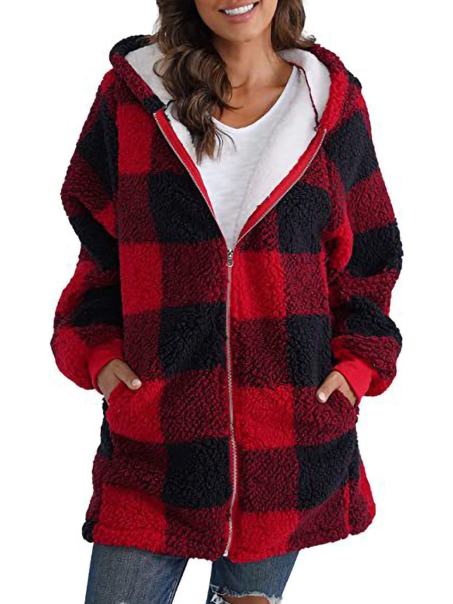 Red patchwork fuzzy hooded coat sale
