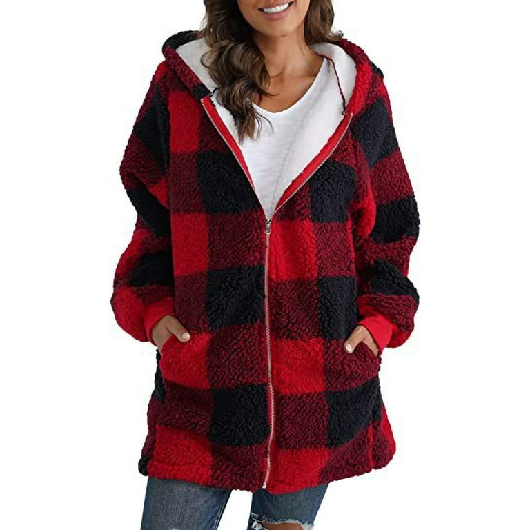 Red patchwork fuzzy hooded coat discount