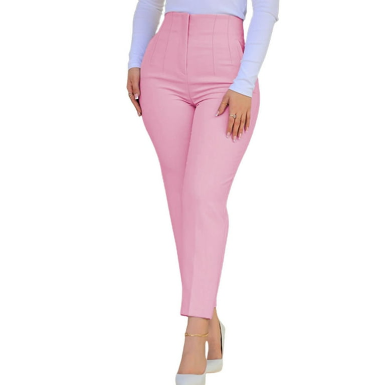Grianlook Womens Work Dress Pants Office Business Casual Slacks Ladies  Regular Straight Leg Trousers with Pockets Pink L