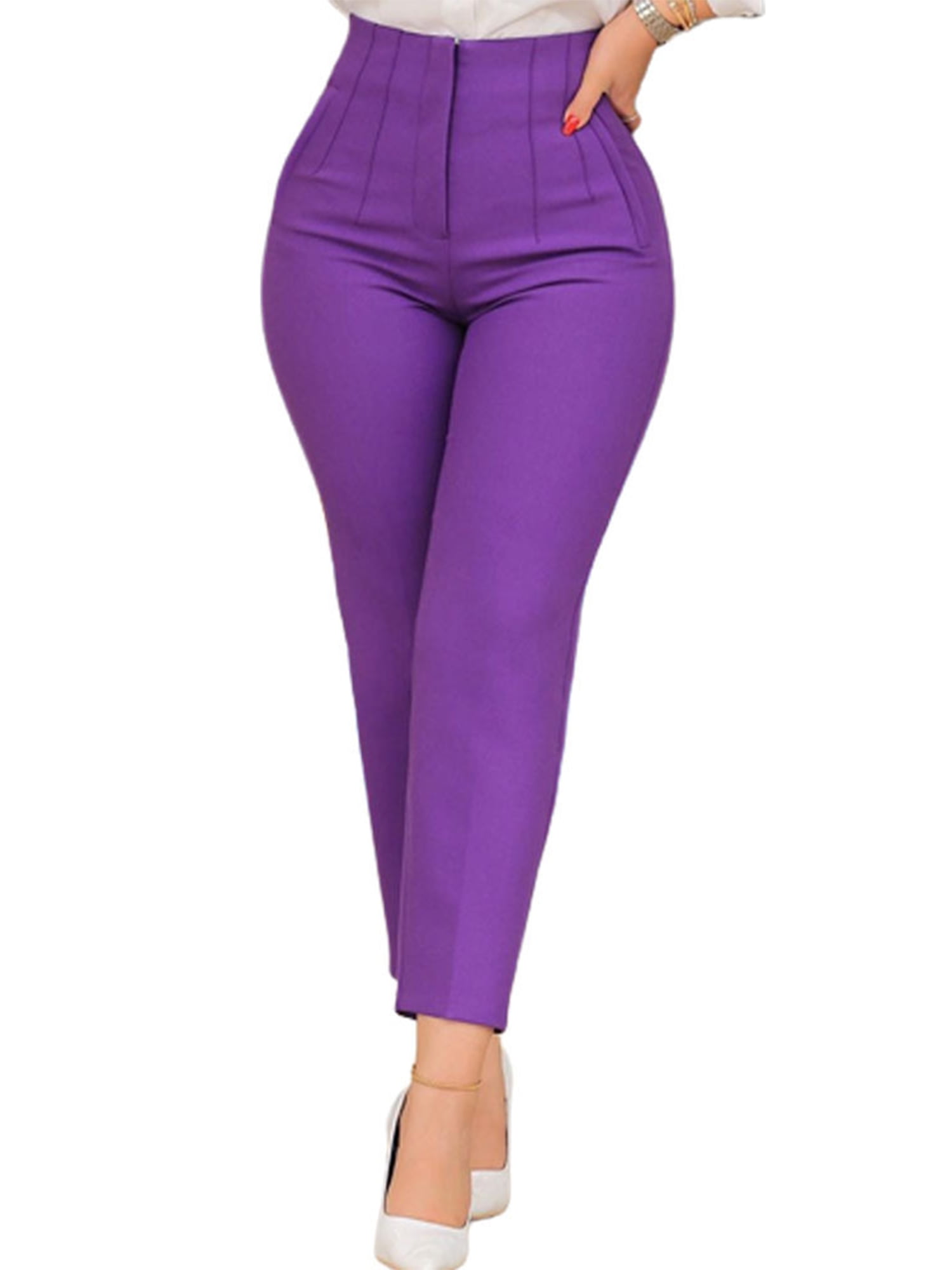 Grianlook Womens Work Dress Pants Office Business Casual Slacks Ladies  Regular Straight Leg Trousers with Pockets Purple L