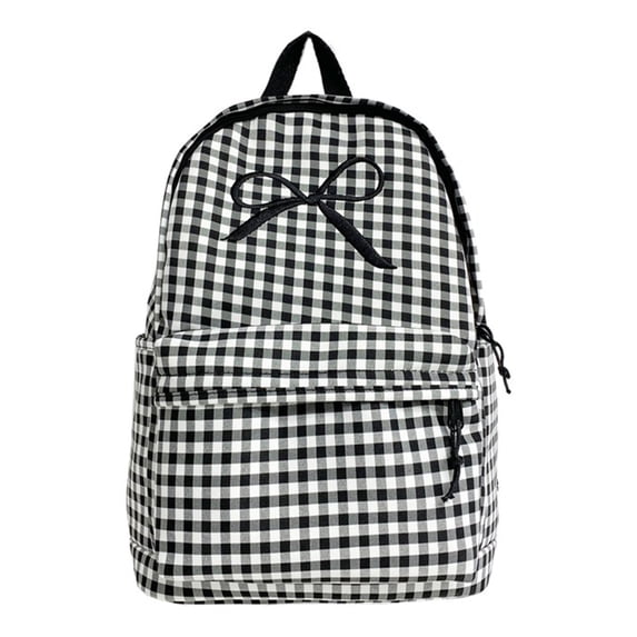 Grid Backpack Heavy Duty, Bowknot Embroidery School Backpack, Durable Student Bookbag for Elementary Primary Middle School, Black
