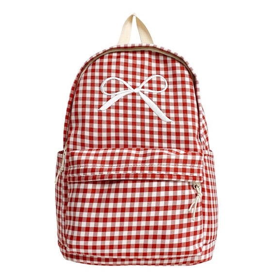 Grid Backpack Heavy Duty, Bowknot Embroidery School Backpack, Durable Student Bookbag for Elementary Primary Middle School, Red