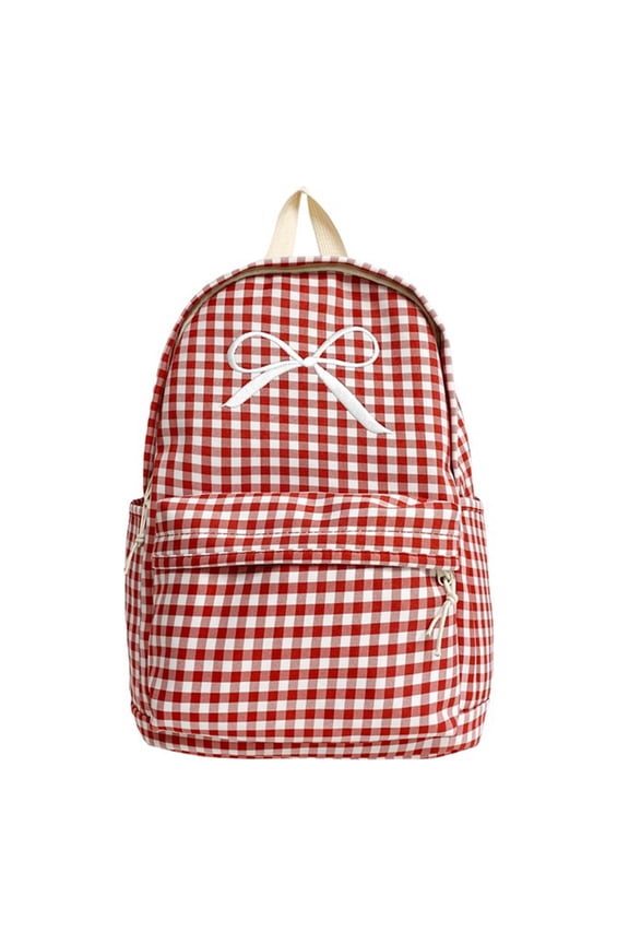 Grid Backpack Heavy Duty, Bowknot Embroidery School Backpack, Durable Student Bookbag for Elementary Primary Middle School, Red