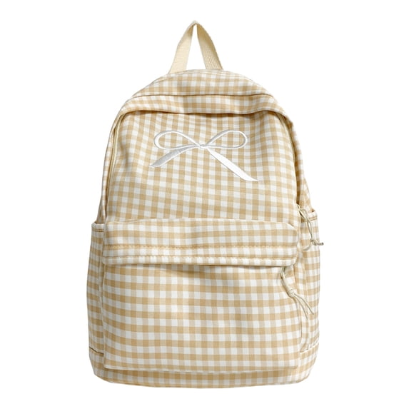 Grid Backpack Heavy Duty, Bowknot Embroidery School Backpack, Durable Student Bookbag for Elementary Primary Middle School (Yellow)