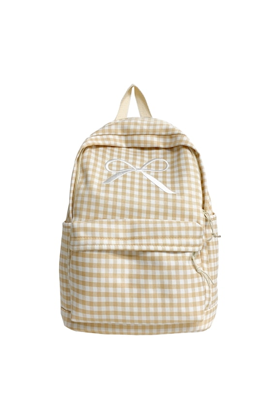 Grid Backpack Heavy Duty, Bowknot Embroidery School Backpack, Durable Student Bookbag for Elementary Primary Middle School, Yellow