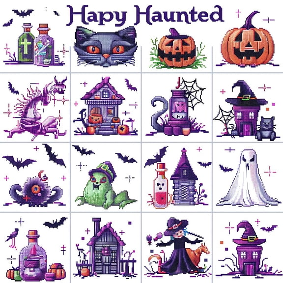 Grid of Cute Halloween Designs DIY 11CT Stamped Cross Stitch Kits for Beginners Easy Needlepoint Embroidery Counted Cross Stitch Art Craft for Wall Decoration 14x14inch(1)