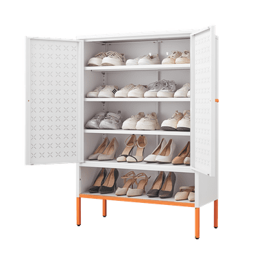 Grid Double Door Shoe Cabinet, 3 Layer Adjustable Compartments for Flexible Storage, Hollow Shoe 15cm Moisture-proof high Foot Design