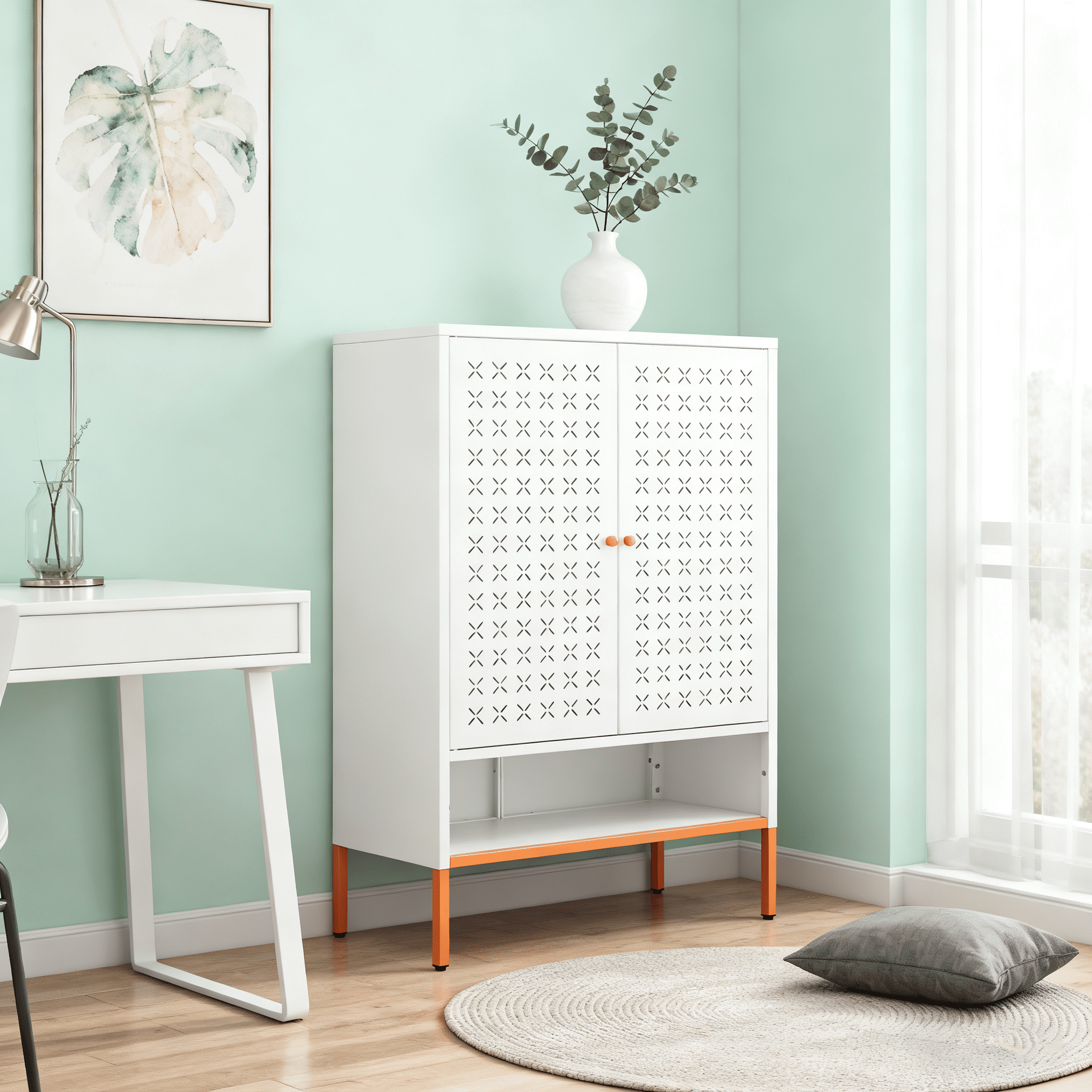 Grid Double Door Shoe Cabinet, Three Adjustable Compartments For Flexible Storage, Suspended Hollow Shoe Changing Compartment, Bottom 15cm Moisture-Proof High Foot Design