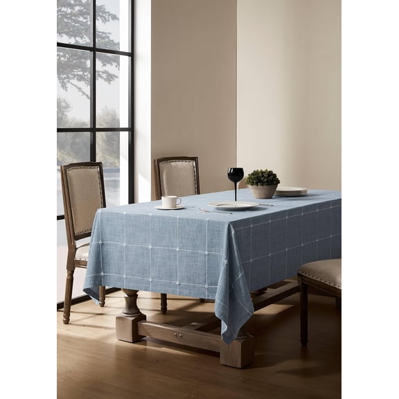 Grid Embroidered Hemmed Tablecloths, Blue 60x120 Inch, Farmhouse Style Heavy Weight Cotton Linen Dusty Blue Tablecloths, Boho Plaid Water Resistant Rectangle Table Cloth