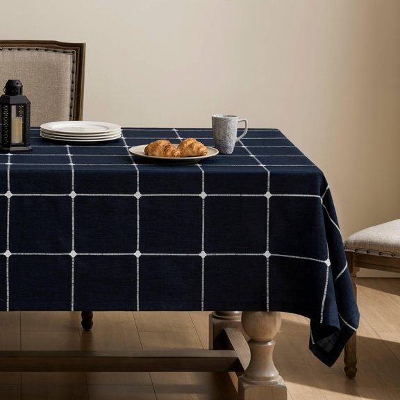 Grid Embroidered Hemmed Tablecloths Navy 52x52 Inch Farmhouse Style Heavy Weightton Linen Blue Boho Plaid Water Resistant Square Table Cloth
