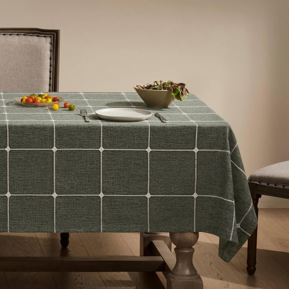 Grid Embroidered Hemmed Tablecloths Olive 52x52 Inch Farmhouse Style Heavy Weightton Linen Green Boho Plaid Water Resistant Square Table Cloth