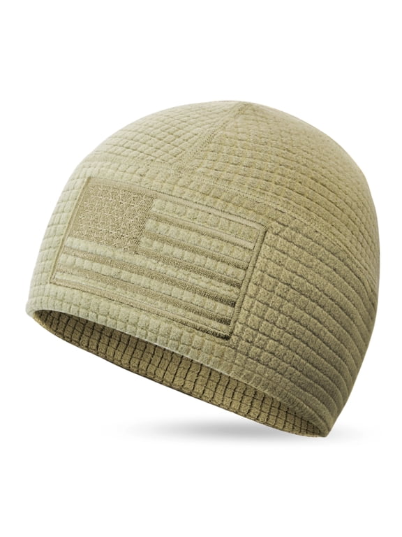 Grid Fleece Beanie with American Flag Embroidery Waffle Tactical Army Military Skull Cap