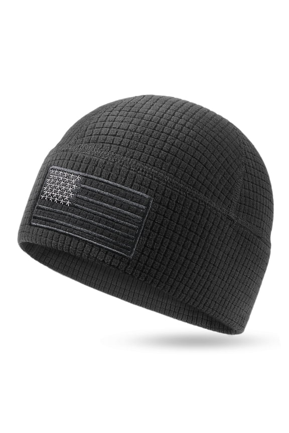 Grid Fleece Beanie with American Flag Embroidery Waffle Tactical Army Military Skull Cap