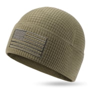 Grid Fleece Beanie with American Flag Embroidery Waffle Tactical Army Military Skull Cap