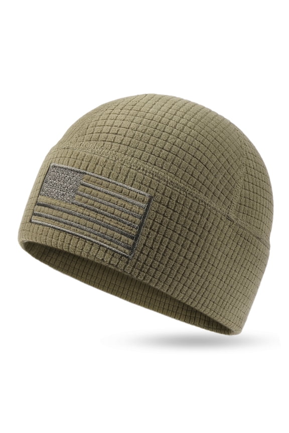 Grid Fleece Beanie with American Flag Embroidery Waffle Tactical Army Military Skull Cap