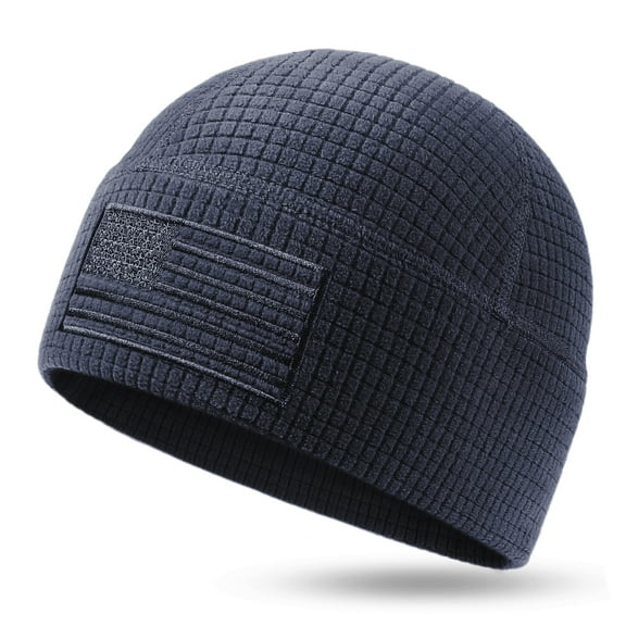 Grid Fleece Beanie with American Flag Embroidery Waffle Tactical Army Military Skull Cap