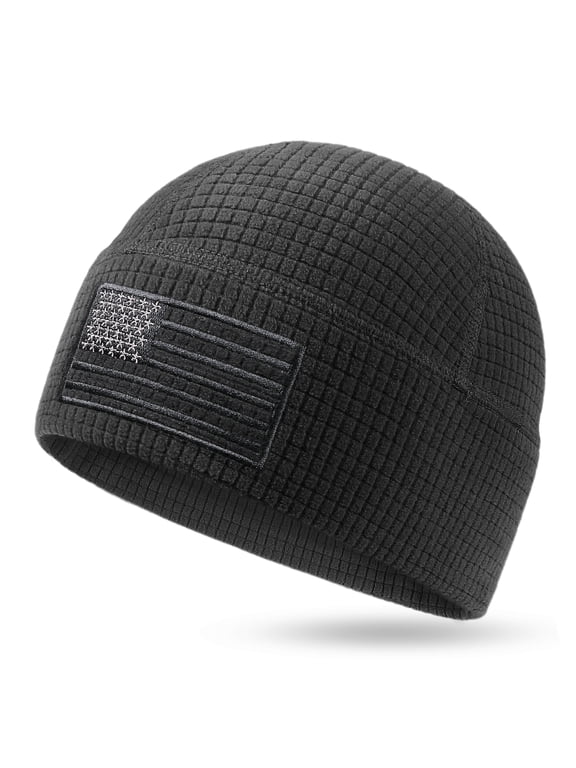 Grid Fleece Beanie with American Flag Embroidery Waffle Tactical Army Military Skull Cap