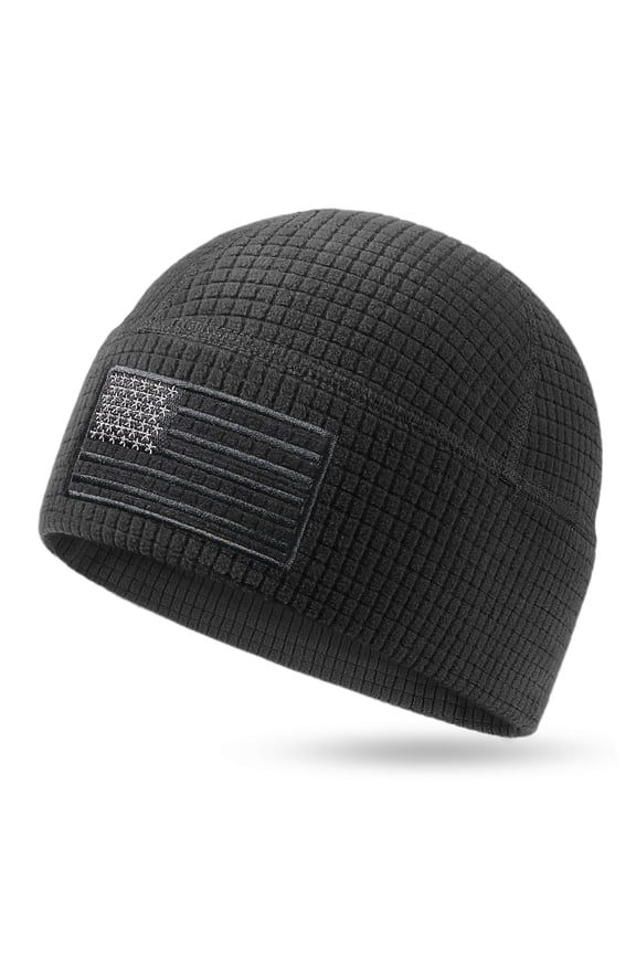 Grid Fleece Beanie with American Flag Embroidery Waffle Tactical Army Military Skull Cap