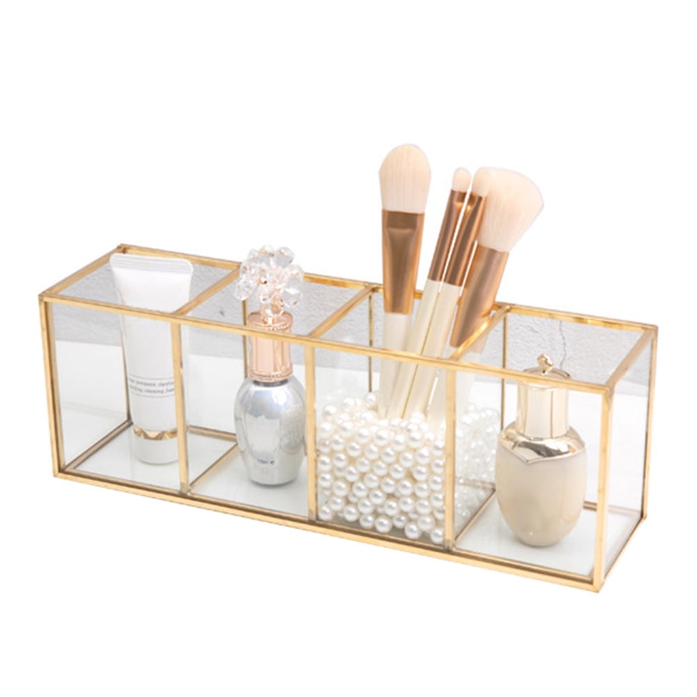 Multifunctional Makeup Storage Box With Transparent Gold-plated Frame For  Makeup Brush, Pads, C…