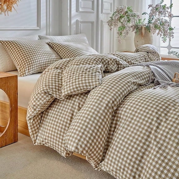 Grid King Duvet Cover Set - Tan Gingham Washed Microfiber Comforter Cover Set 3 Pieces Plaid Checkered Soft Reversible Bedding Set Tan King