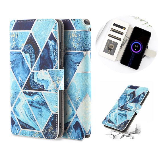 Grid Marble Case for Samsung Galaxy A52 5G & 4G, Allytech PU Leather Wallet Case with Credit Card Holder Shockproof Flip Stand Case with Magnetic Closure for Galaxy A52 5G/4G 6.5 inch 2021, Blue